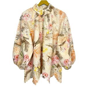 Boston Proper Floral Embroidered Button Up Linen Tunic Blouse Size M Ipanema